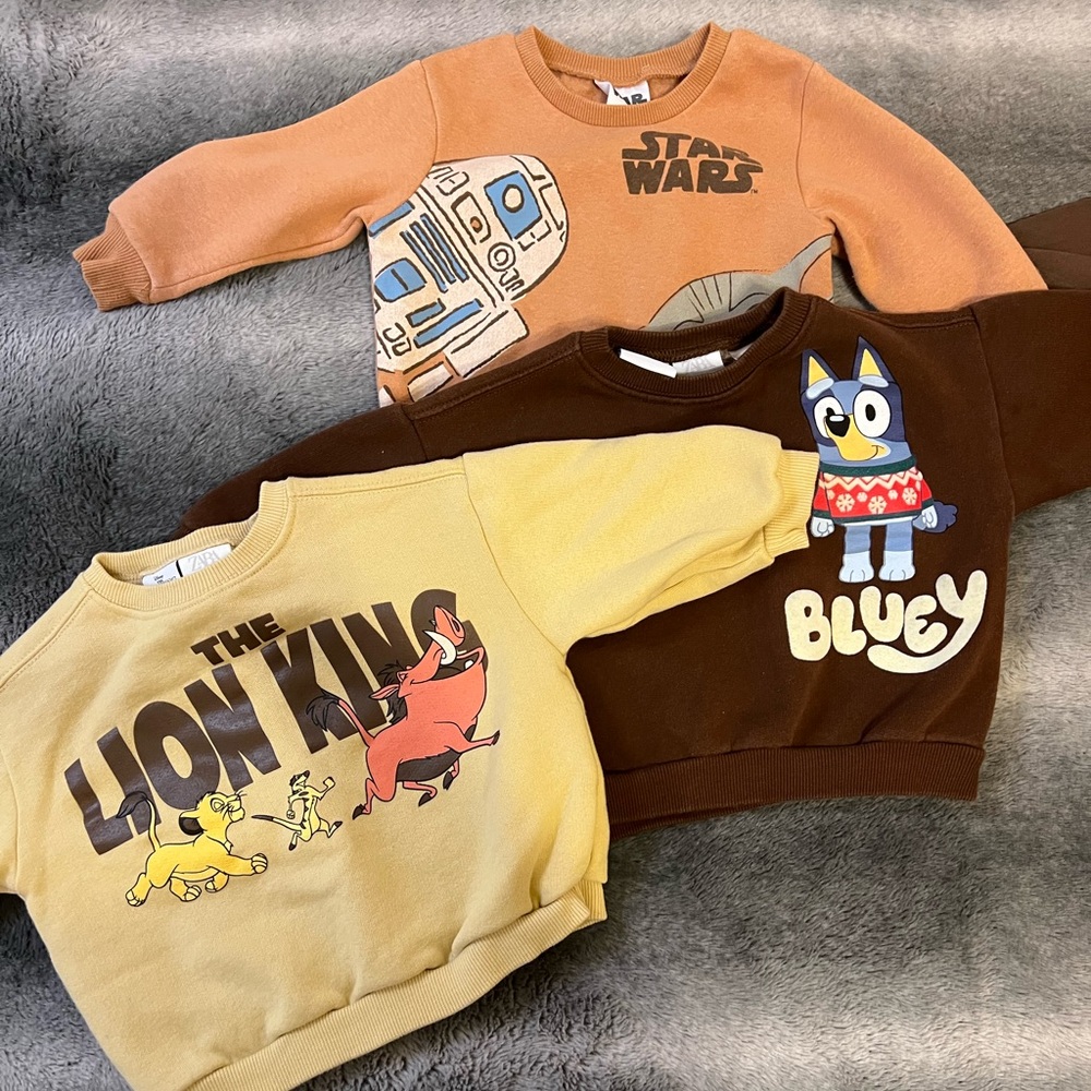Zara Kids Star Wars Orange, Brown Bluey, Yellow Lion King Sweatshirts